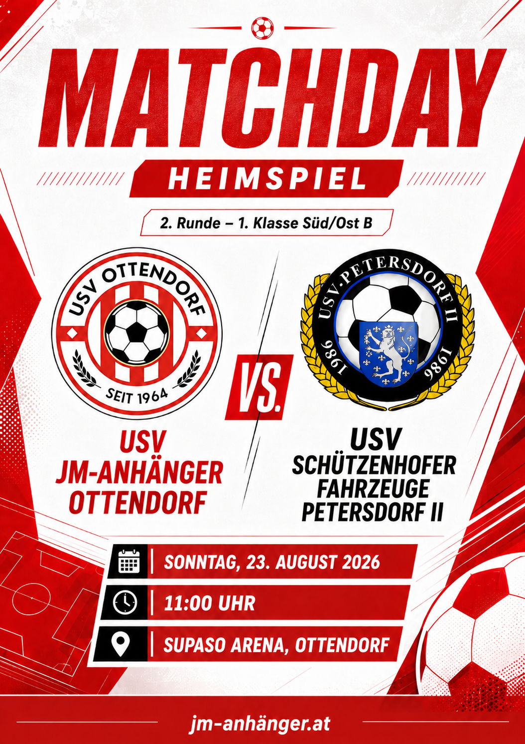 Ein Plakat für ein Fußballspiel zwischen USV Ottendorf und USV Schutzenhofer Fahrzeuge Petersdorff II am 23. August 2026 um 11:00 Uhr.