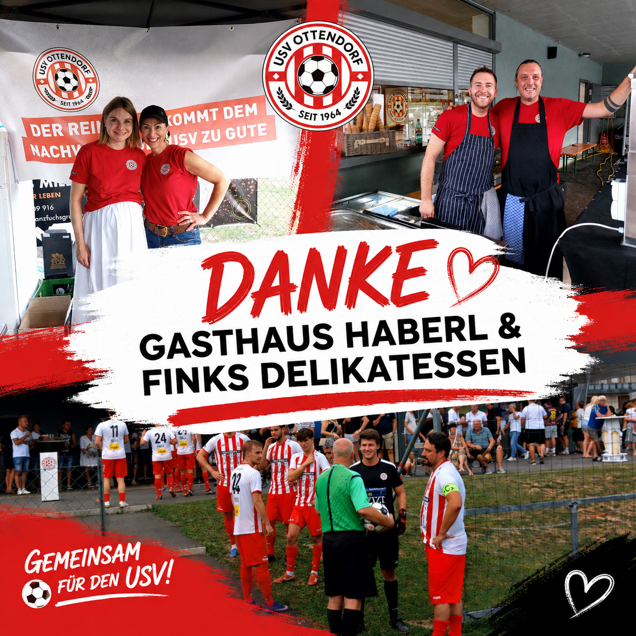 Ein Werbeplakat für USV Ottendorf mit zwei Frauen in roten Shirts und zwei Männern in Schürzen mit dem Text Danke Gasthaus Haberl & Finks Delikatessen. Unten sind eine Gruppe von Fußballspielern und Zuschauern auf einem Rasenfeld zu sehen.