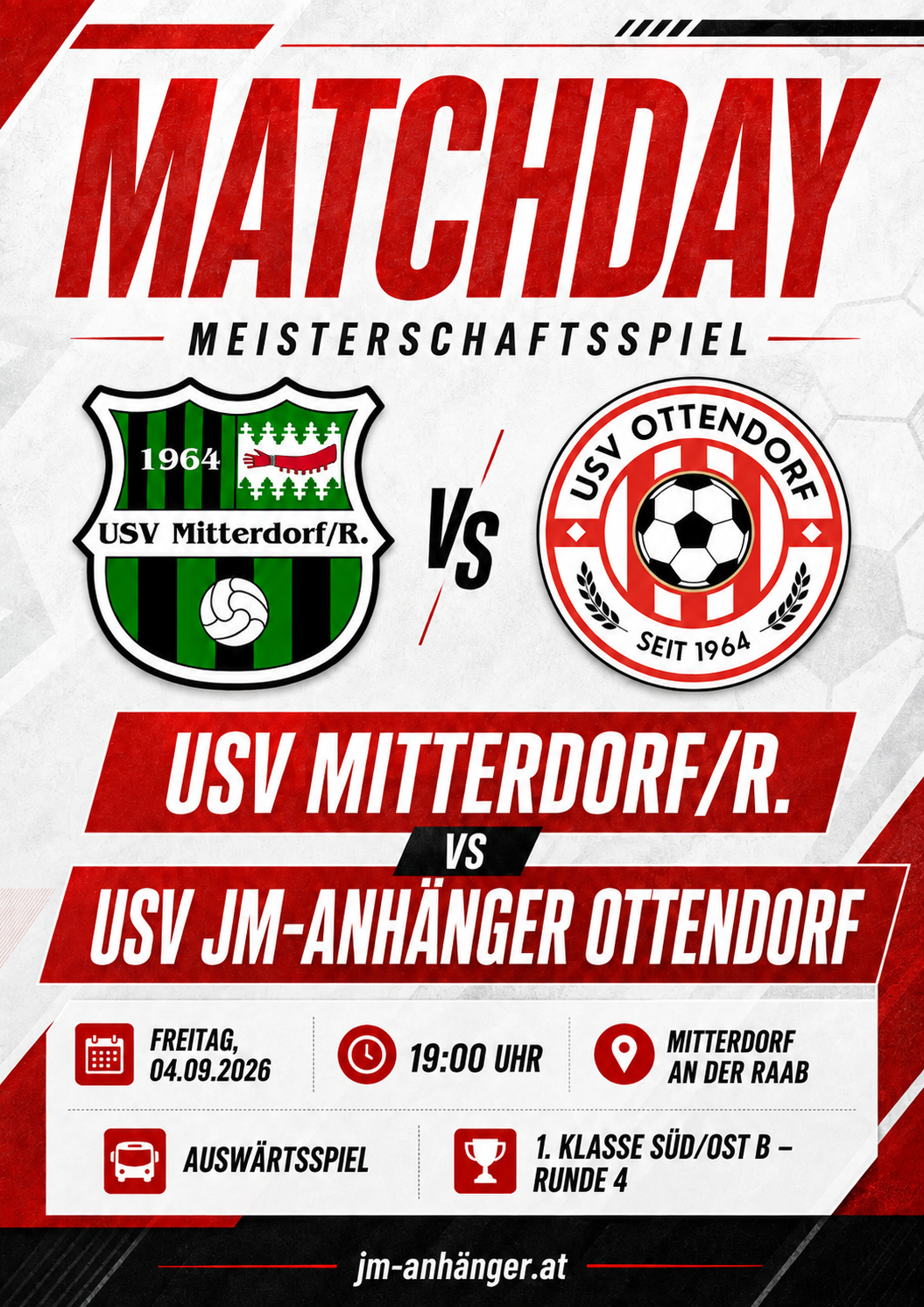 Poster for a soccer match between USV Mitterdorf/R. and USV JM-Anhanger Ottendorf on September 4, 2026, at 19:00 in Mitterdorf an der Raab.