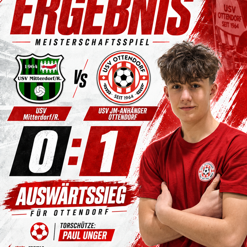 Poster for a soccer match between USV Mitterdorf and USV Ottendorf, showing a player in a red shirt with the score 0-1.