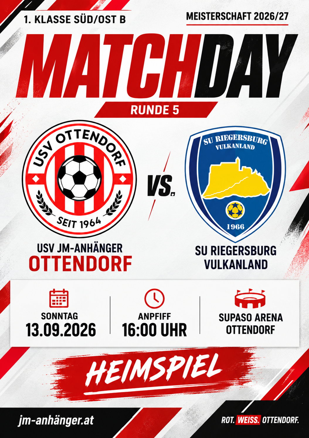 A soccer match poster for Runde 5 featuring USV Ottendorf and SU Riegersburg Vulkanland. The match is scheduled for September 13, 2026, at 16:00 at Supaso Arena Ottendorf.