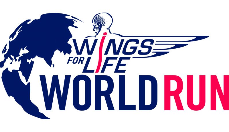 Logo für Wings for Life World Run mit einer blauen Weltkarte und der Silhouette eines Läufers, zusammen mit dem Text 'WINGS FOR LIFE WORLD RUN' in Blau und Rot.
