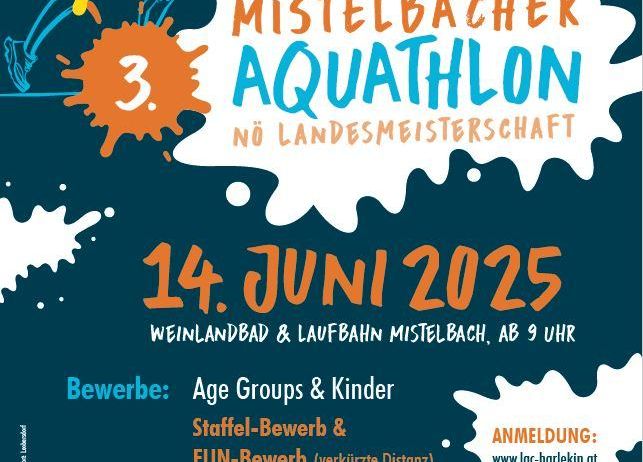 Plakat für Mistelbach Aquathlon am 14. Juni 2025 mit Schwimm- und Laufdistanzen. Altersgruppen und Kinder können teilnehmen. Anmeldung bei www.lac-harlekin.at.