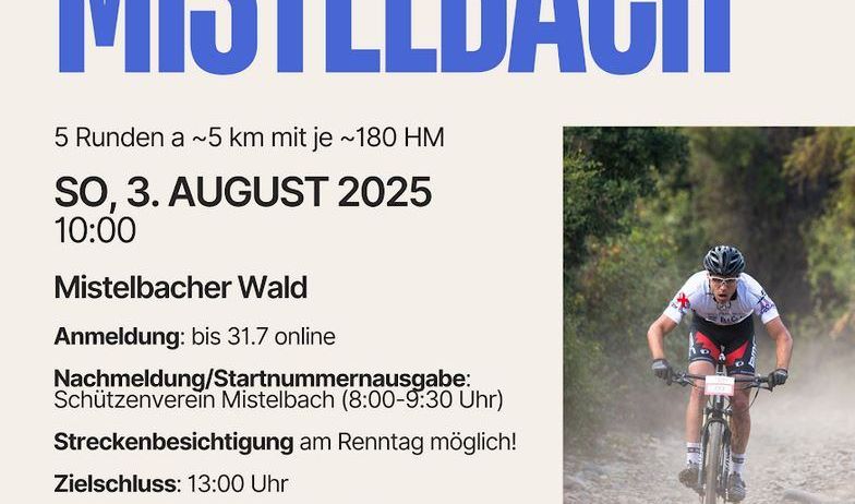 Eine Anzeige für das 1. Aoo Mistelbach-Event am 3. August 2025 zeigt einen Radfahrer auf einem Schlammweg. Anmeldung bis 31.7. Registrierungsschluss ist 13:00 Uhr.