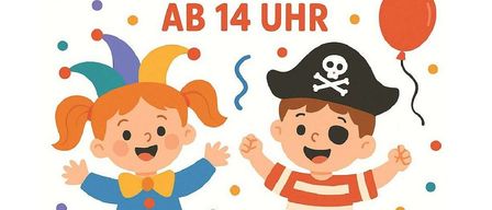 Einladung zum Kinderfasching am 1. Februar 2026 ab 14 Uhr. Es zeigt zwei Kinder, eines in einem Narrenmütze und das andere als Pirat, mit einem Luftballon und Konfetti. Die Veranstaltung umfasst Animation, eine Tombola und Musik.