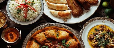 Eine Vielzahl von nahöstlichen Gerichten sind auf einem Tisch ausgestellt, darunter Reis, Fladenbrot, Würste und ein Fleischcurry.