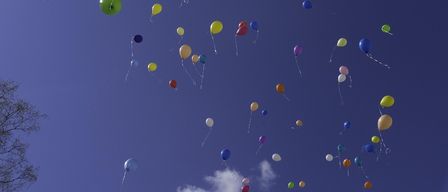 A vibrant sky filled with numerous colorful balloons floating in various directions, against a clear blue sky.
