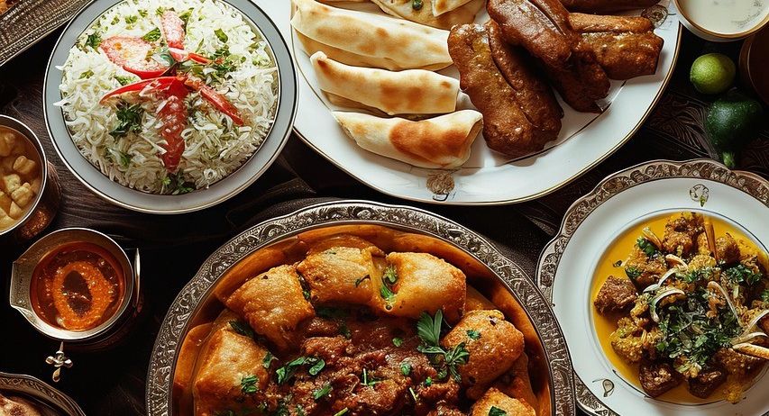 Eine üppige Auswahl indischer Gerichte auf einem Tisch. Ein Teller mit Samosa, Fleisch und Brot. Schüsseln mit Reis und Salat. Schüsseln mit Curry, Fleisch und Gemüse. Schüsseln mit Chutney.
