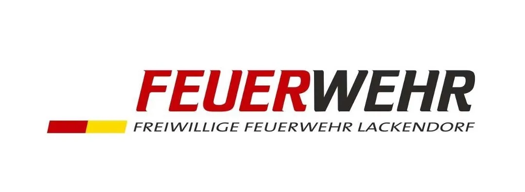 Das Logo der Freiwilligen Feuerwehr Lackendorf. Der Text 'FEUERWEH' ist prominent in Rot dargestellt. Darunter steht 'FREIWILLIGE FEUERWEHR LACKENDOR' in Schwarz. Die Farben der deutschen Flagge sind in der unteren linken Ecke vorhanden.