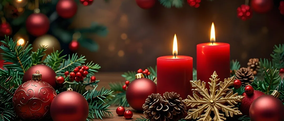 Zwei rote Kerzen mit brennenden Flammen auf einem Holztisch, umgeben von Weihnachtsdekoration. Dazu gehören Tannenzapfen, ein Schneeflockenornament, rote Kugeln und Tannenzweige. Der Hintergrund ist verschwommen mit weiteren hängenden roten Kugeln.