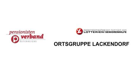 Ein weißer Hintergrund zeigt zwei Logos. Das linke Logo lautet 'Pensionisten Verband' mit einem roten 'P'. Das rechte Logo hat einen roten Kreis mit einem 'z' und dem Text 'osterreichische Lotterien Senioren'. Darunter steht der Text 'Ortsgruppe Lackendorf'.