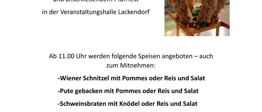 Ein Veranstaltungsposter für ein Erntedankfest in Lackendorf, Deutschland. Es zeigt eine kranzartige Blumenarrangement, einen Kirchenhintergrund und Details zur Zeit und zum Essen des Events.