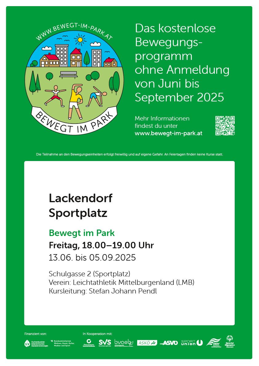 Plakat für ein Bewegungsprogramm in Lackendorf ohne Anmeldung von Juni bis September 2025. Beinhaltet Kontaktdaten und QR-Code.