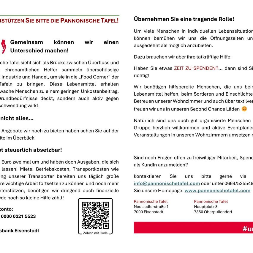 Die Pannonische Tafel sieht sich als Brücke zwischen Überschuss und ehrenamtlichen Helfern. Wir sammeln überschüssige Lebensmittel aus Industrie und Handel, um sie in die „Food Corner“ der Tafel zu bringen. Diese Lebensmittel erhalten wachsame Menschen zu einem geringen Unkostenbeitrag, sondern auch aktiv gegen Umweltprobleme engagiert.