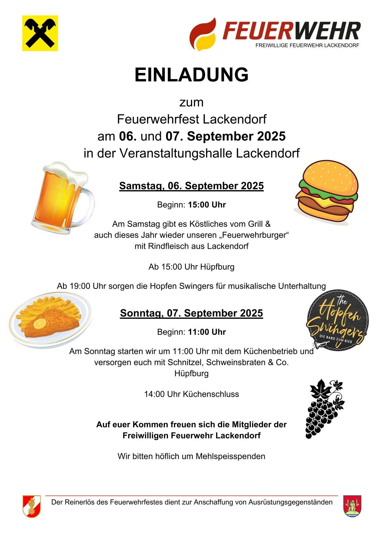 Das Bild zeigt eine Anzeige für das Feuerwehrfest in Lackendorf, geplant für den 6. und 7. September 2025. Es enthält Details zur Veranstaltung, einschließlich gegrillter Speisen und Musik von The Hoppen Swingers.