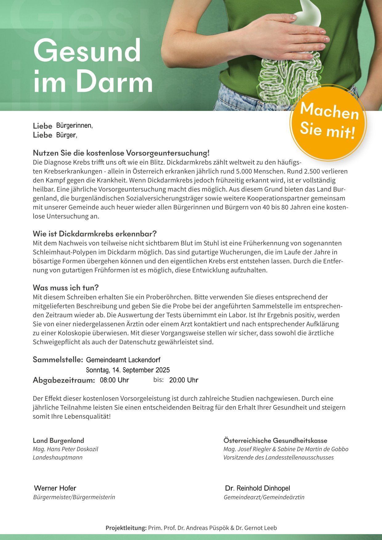 Das Bild zeigt einen Flyer über eine kostenlose Vorsorgeuntersuchung für Darmkrebs. Es erklärt die Bedeutung der Früherkennung von Darmkrebs, der jährlich Tausende Menschen betrifft. Der Flyer gibt Details zur Teilnahme, einschließlich Datum, Uhrzeit und Ort. Es werden auch die Vorteile der Teilnahme hervorgehoben, wie die Aufrechterhaltung der Gesundheit und die Verbesserung der Lebensqualität.