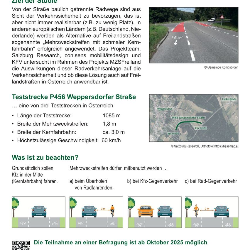 Ein Bild einer Straße mit drei Spuren, zwei für Autos und eine gemeinsam genutzte von Radfahrern. Die Straße hat eine Breite von 1085 Metern und ist Teil einer Studie über die Machbarkeit von Mehrspurstraßen in Österreich. Die Studie wird die Auswirkungen dieser Straßen auf die Sicherheit untersuchen und ihre Anwendbarkeit in Österreich prüfen.