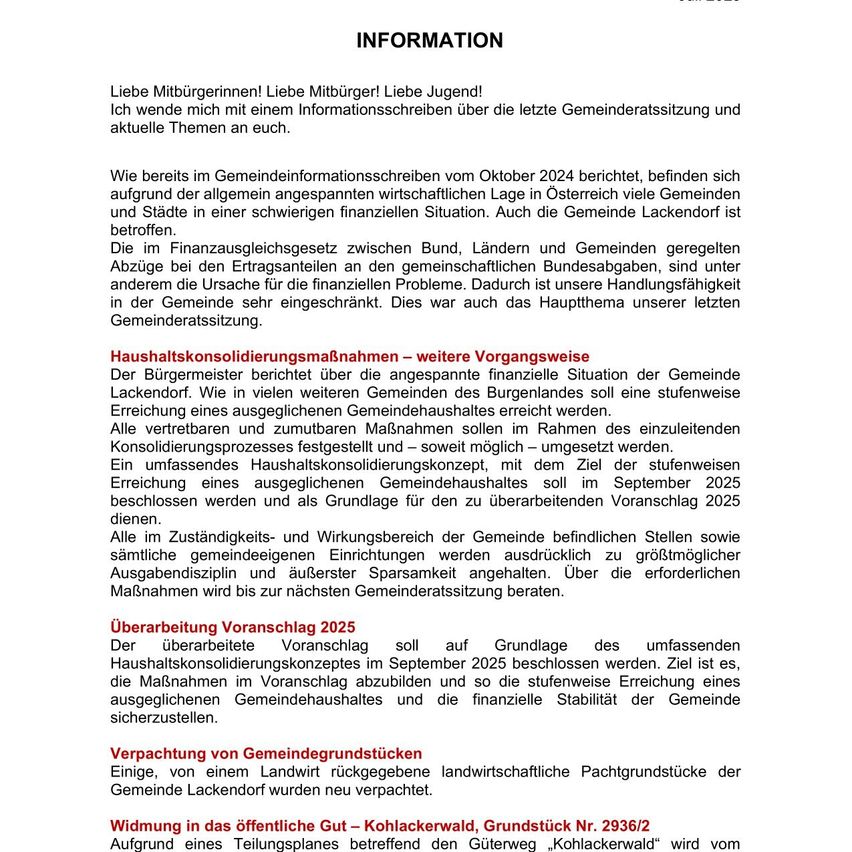 Das Bild zeigt ein Informationsblatt aus einer Gemeinderatssitzung in Lackendorf, Österreich, das finanzielle Herausforderungen und Maßnahmen zur Erreichung eines ausgeglichenen Haushalts diskutiert. Es betont die Notwendigkeit kollektiver Anstrengungen, Kosteneinsparungen und Disziplin bei den Ausgaben.