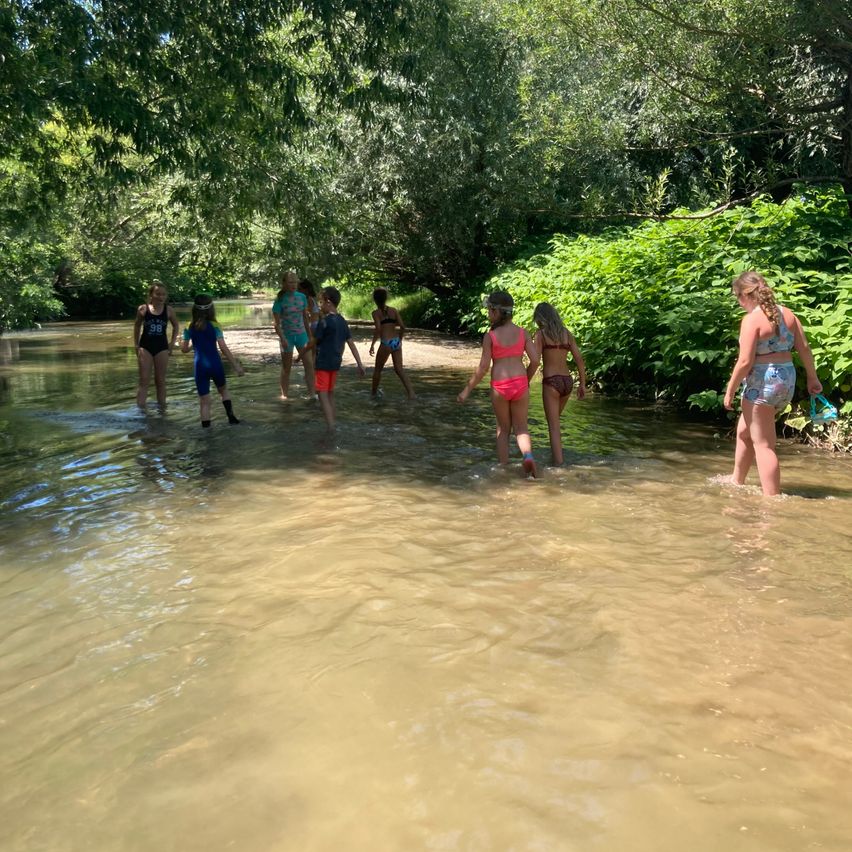 Eine Gruppe von Kindern in Badekleidung watet durch einen flachen Fluss, umgeben von üppigem Grün und Bäumen.