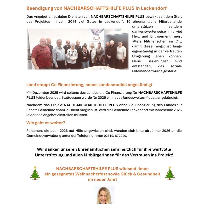 Ein Bild mit einer Gruppe von Menschen, die stehen und lächeln. Ein Banner mit Text auf Deutsch. Es zeigt die Auswirkungen sozialer Dienste seit 2014. Es erwähnt das Ende der staatlichen Finanzierung im Jahr 2025 und die Notwendigkeit der Unterstützung durch die Gemeinschaft.