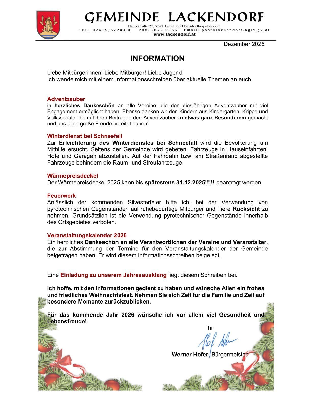 Informationen zu verschiedenen Themen werden bereitgestellt, einschließlich des Winterfall-Notdienstes, Heizpreisdeckelung, Feuerwerksverbot und Veranstaltungskalender für 2026. Ein herzlicher Weihnachtsgruß und Wünsche für Gesundheit und Lebensfreude im kommenden Jahr sind ebenfalls enthalten.