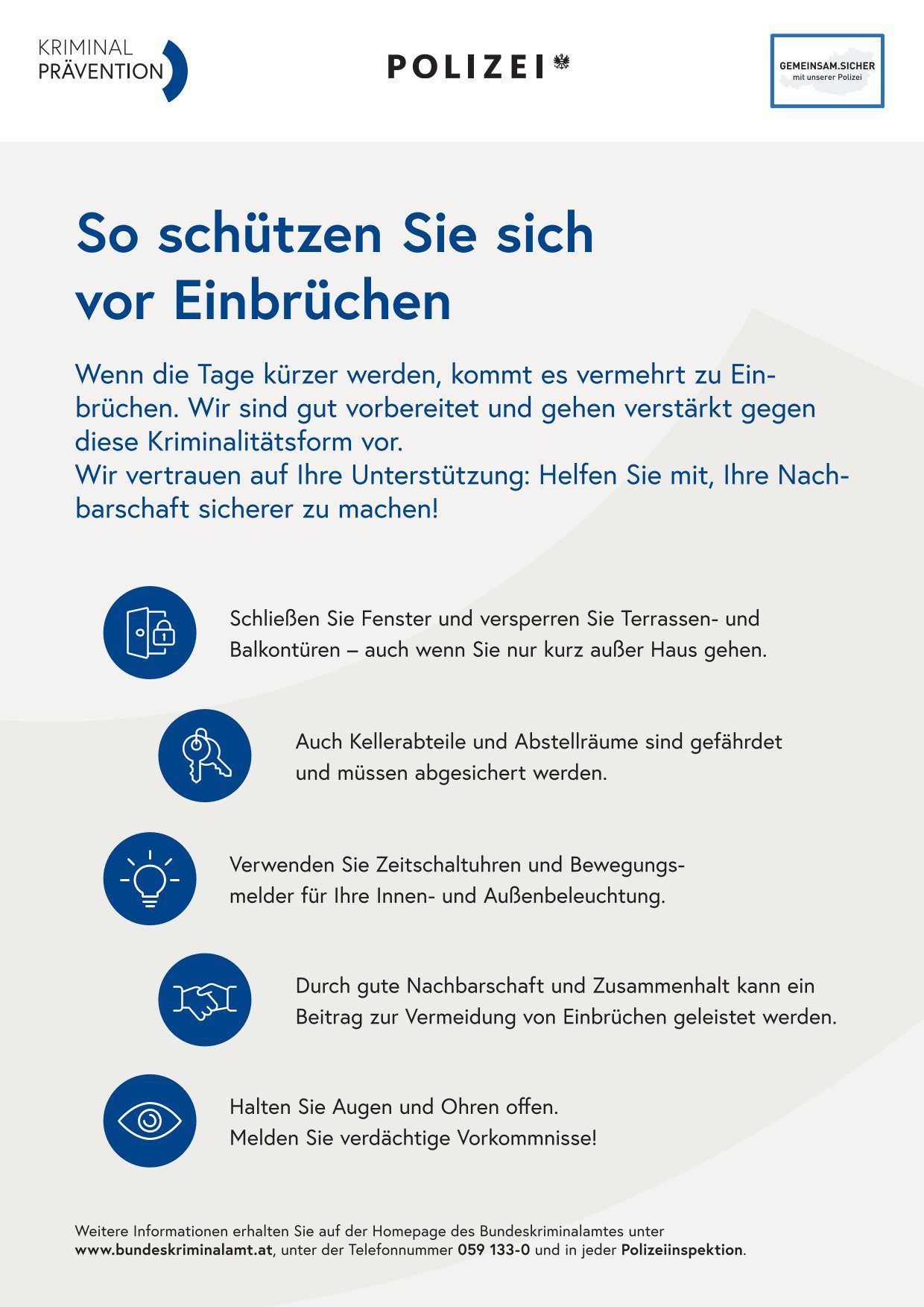 Das Bild zeigt Tipps zur Verhinderung von Einbrüchen, wobei das Verschließen von Fenstern, die Sicherung von Balkonen, die Verwendung von Zeitschaltuhren für Lichter und die Pflege guter Nachbarschaftsbeziehungen hervorgehoben werden.