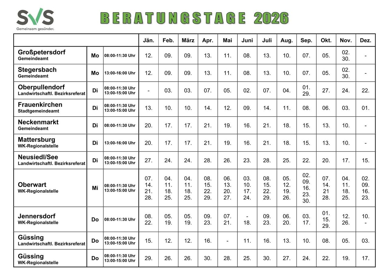 Das Bild zeigt einen Beratungsplan für das Jahr 2026. Es listet verschiedene Termine und Zeiten für Beratungen auf, mit Spalten für Monate und Zeilen für verschiedene Beratungsslots. Jeder Eintrag enthält ein Datum, eine Uhrzeit und einen Ort.