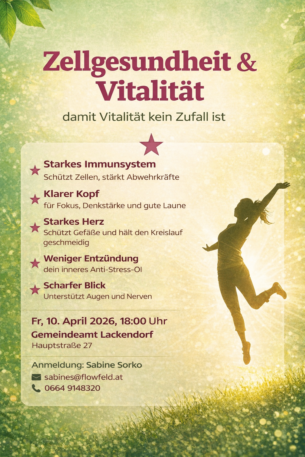Poster with a silhouette of a woman jumping and a list of benefits of vitality. Benefits include a strong immune system, clearer head, strong heart, less inflammation, and sharper vision. Date: April 10, 2026. Location: Lackendorf Community Office.