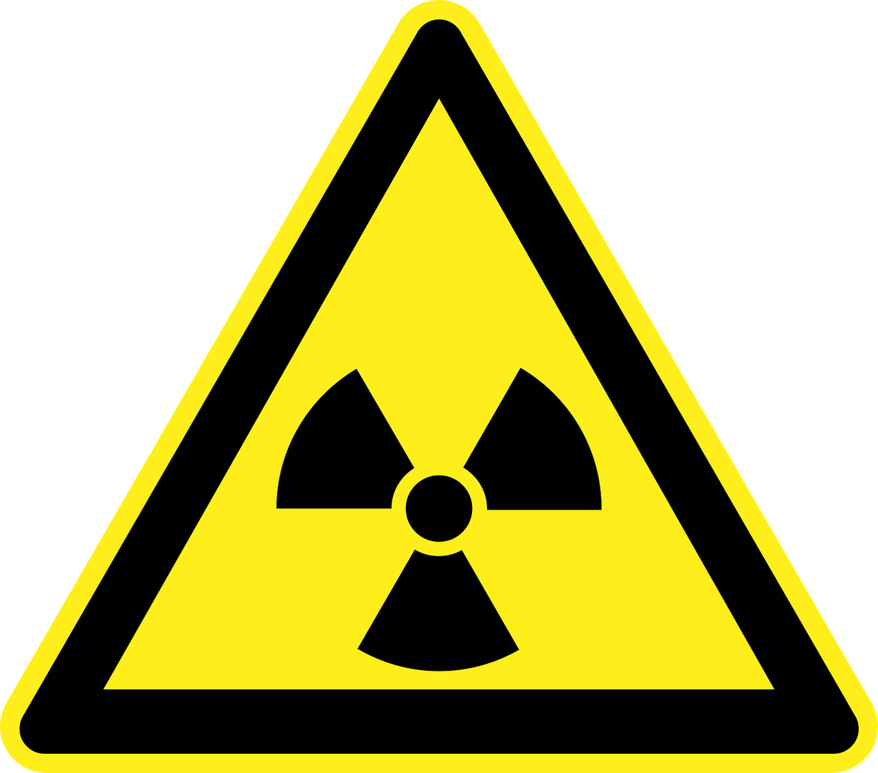A yellow triangle with a black border contains a radiation symbol. The symbol features a circle with a black triangle and a line through it.