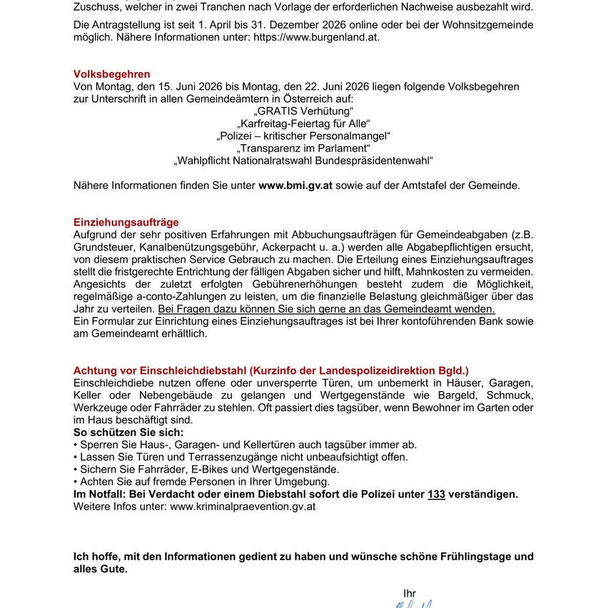 Application for access, paid in two installments upon request, is possible from April 1 to December 31, 2026, online or at the municipal office. More information: https://www.burgenland.at.
