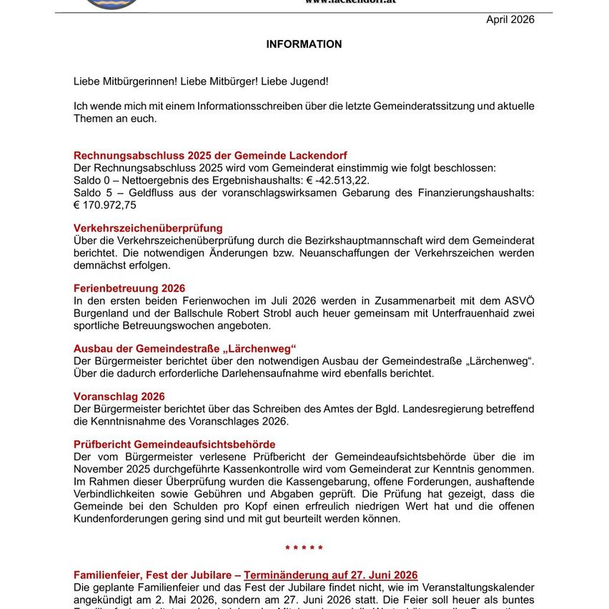 April 2026 informational letter from the municipality of Lackendorf. It includes details about the 2025 municipal budget, a vehicle registration check, sports activities, roadwork, an upcoming proposal, a financial review by the mayor, and family festivals.