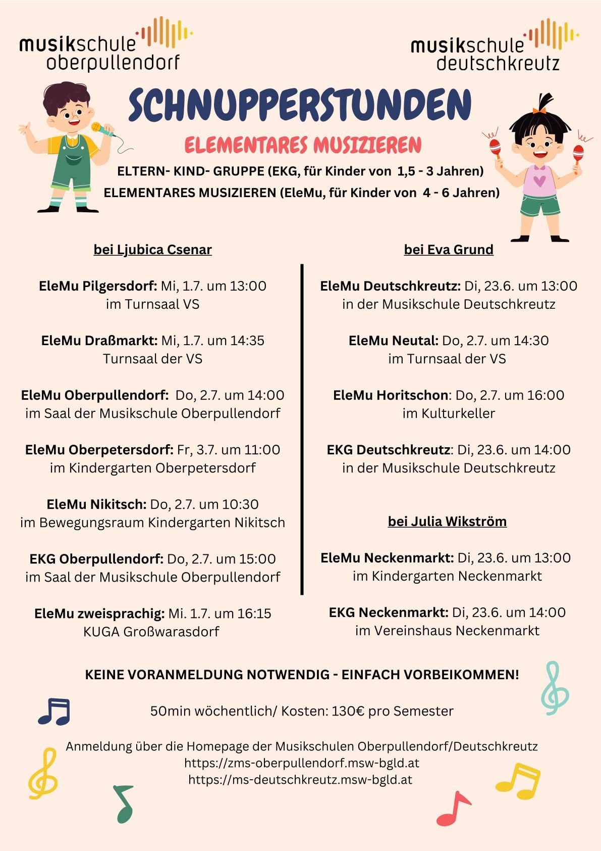 Zeitplan für Musikkurse für Kinder von 1,5 bis 6 Jahren. Kurse finden an verschiedenen Orten und Zeiten statt. Keine Anmeldung erforderlich; einfach erscheinen. 50 Minuten pro Woche, Kosten 130€ pro Semester.
