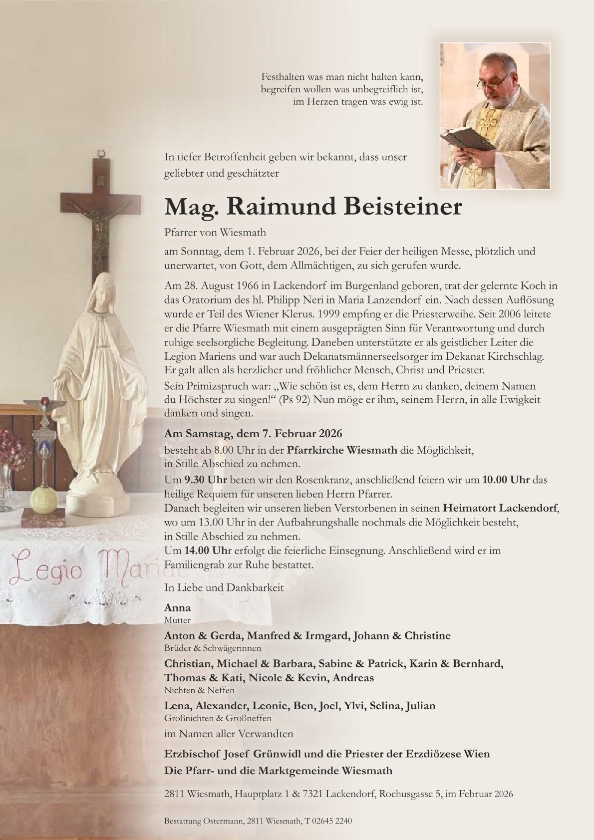 A memorial flyer announces the passing of Mag. Raimund Beisteiner, born on August 28, 1966, and his final farewell. The event includes a service at the Wiesmath Parish Church on February 7, 2026, and a requiem mass at 10:00 AM on February 7, 2026. Burial will follow in Lackendorf.