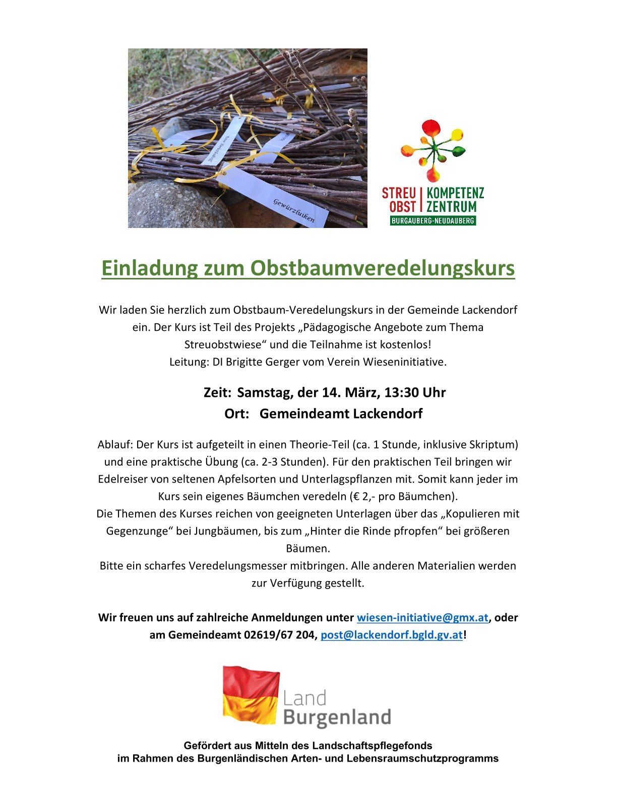 Einladung zum Obstbaumveredelungskurs in Lackendorf. Der Kurs ist Teil des Projekts ,Pädagogische Angebote zum Thema Streuobstwiese` und die Teilnahme ist kostenfrei. Samstag, 14. März, 13:30 Uhr. Ort: Gemeindeamt Lackendorf.