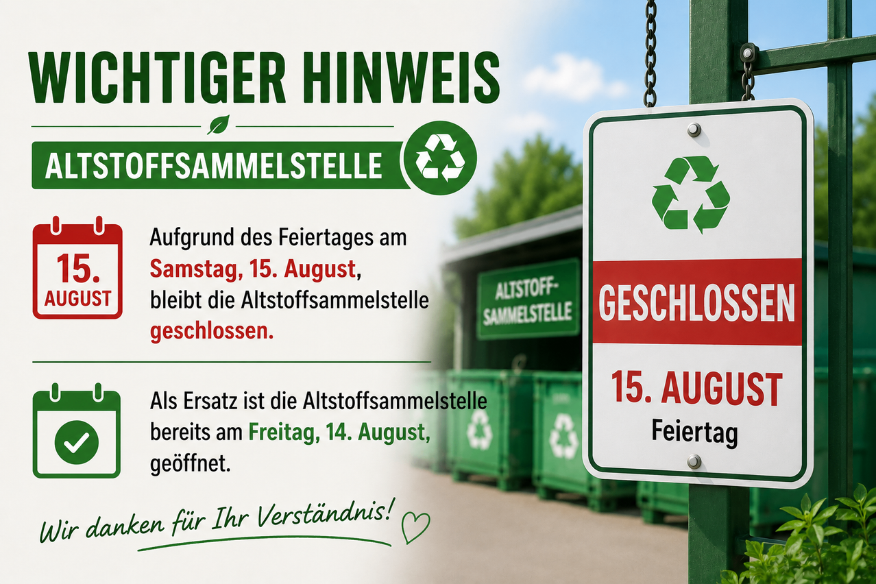 A sign informs that due to a holiday on Saturday, August 15, the waste collection point will remain closed. An alternative collection point will be open on Friday, August 14.