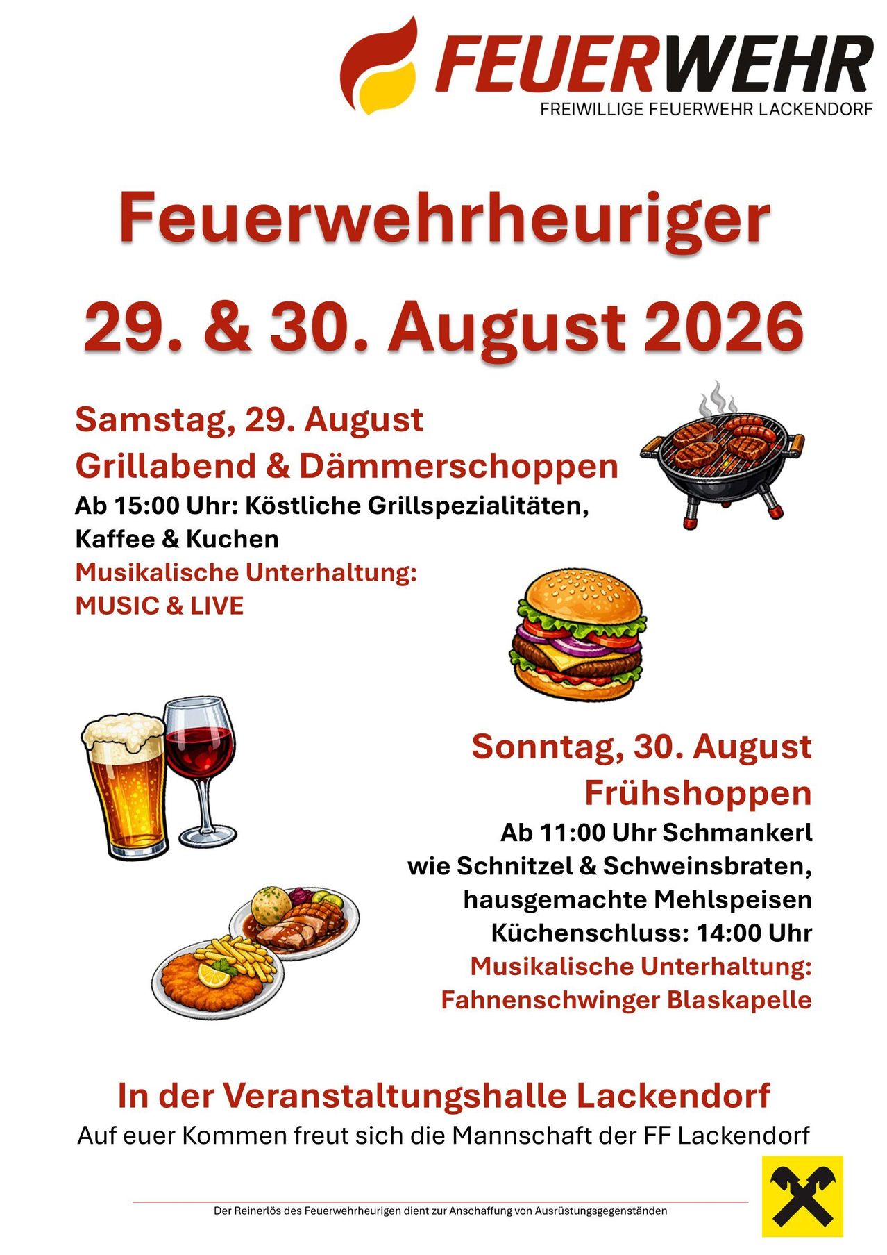 Plakat für eine Feuerwehrveranstaltung am 29. und 30. August 2026 mit Grillabend, Essen und Live-Musik.
