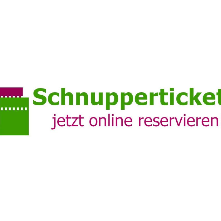 Logo mit dem Text Schnuppertickets, darunter der Text jetzt online reservieren, auf weißem Hintergrund.