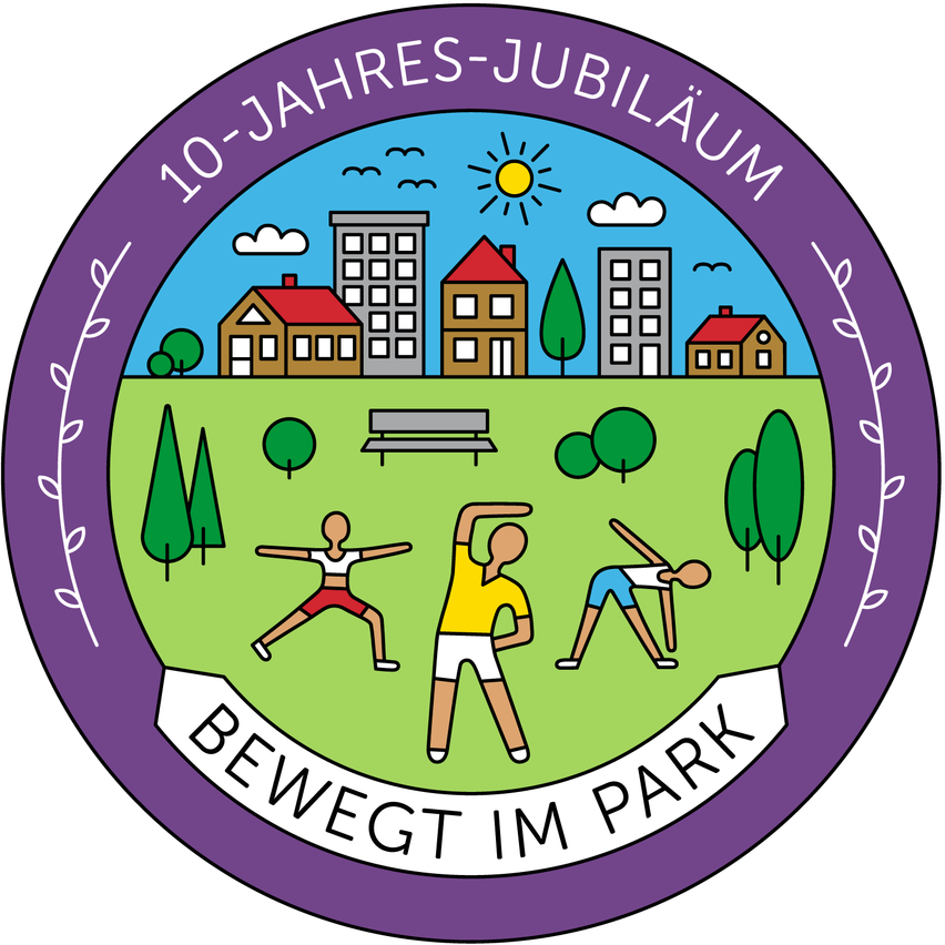 Ein kreisförmiges Logo zur Feier des 10-jährigen Jubiläums der 'Bewegt im Park'-Initiative, das Menschen zeigt, die in einem Park trainieren, mit Gebäuden und einer Bank im Hintergrund.