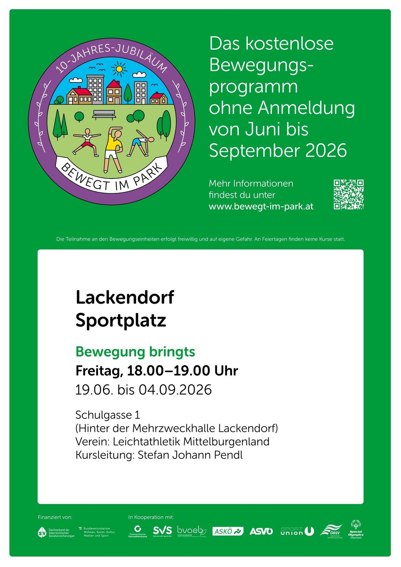Ein Flyer für Bewegung bringts, eine Sportveranstaltung. Sie läuft von Juni bis September 2026 ohne Anmeldung. Weitere Infos unter www.bewegt-im-park.at.
