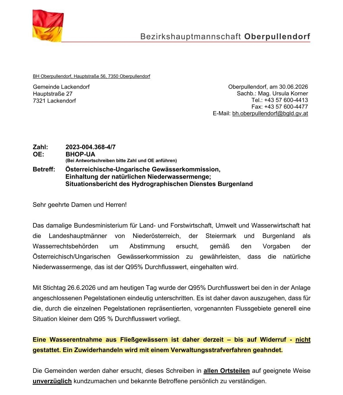 The document from the District Office Oberpullendorf, dated 30.06.2026, concerns the Austrian-Hungarian Water Commission, detailing the maintenance of natural groundwater levels. It includes a situation report from the Hydrographic Service of Burgenland. The document specifies that a water extraction from river water is currently not permitted.