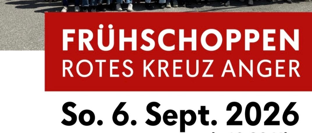 Gruppenfoto von Freiwilligen des Roten Kreuzes in Anger, Deutschland, mit dem Veranstaltungsdatum und -ort angezeigt.