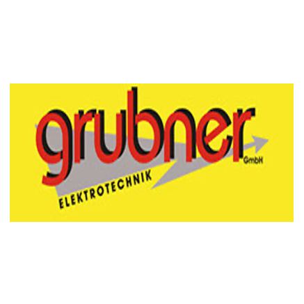 Gelbes Logo für Grubner Elektrotechnik GmbH, mit fetter rotem und schwarzem Text und einem grauen Pfeil nach rechts.