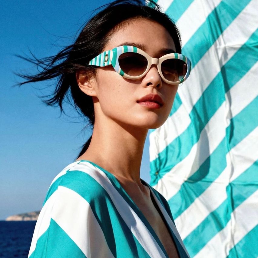 A woman with dark hair wearing a green and white striped dress and sunglasses stands near the ocean with a white and blue striped beach umbrella.