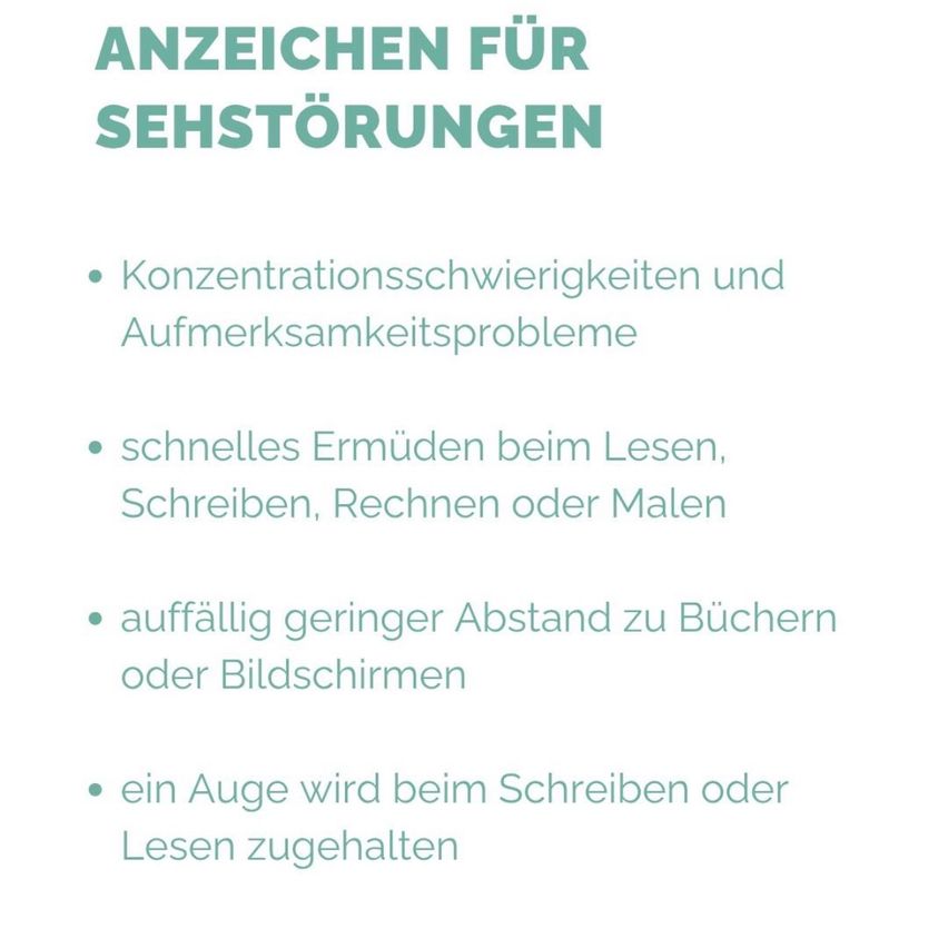 A white background with green text listing symptoms of visual disturbances. Symptoms include concentration difficulties, attention problems, rapid fatigue during reading, writing, calculating, or drawing, unusually close proximity to books or screens, and one eye being held shut during reading or writing.