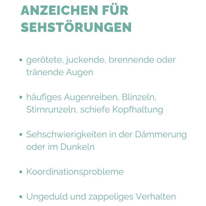 A white background with green text listing symptoms of visual impairments. Symptoms include red, itchy, burning, or watery eyes, frequent eye rubbing, blinking, squinting, poor head posture, difficulty seeing in dim light or darkness, coordination problems, and uncontrolled behavior.