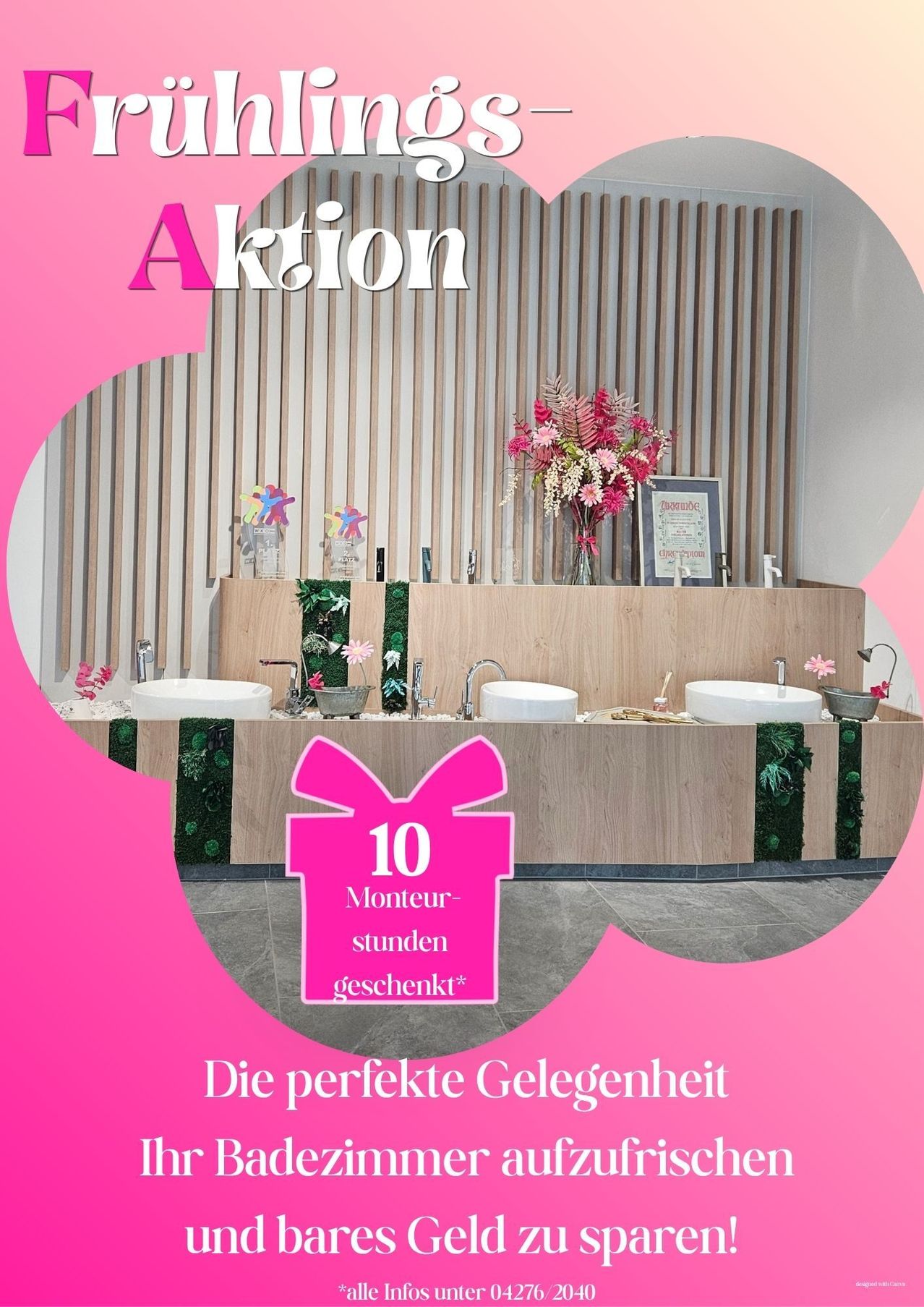 A promotional image displays a pink gift box offering 10 free hours at a beauty salon. The counter has four sinks, flowers, and decorative items. The background is striped and pink.
