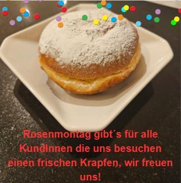 A fresh donut with powdered sugar on a white plate, with colorful confetti on top, and a message in red stating 'On Monday, there's a fresh donut for all customers who visit us, we look forward to it!'