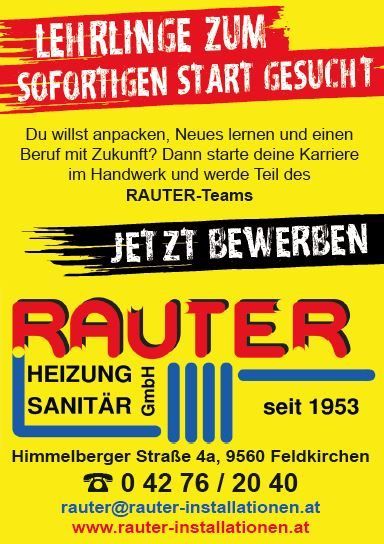 Ein Plakat, das Rauter Heizung und Sanitär GmbH bewirbt und Einzelpersonen einlädt, sich ihrem Team für eine Karriere im Handwerk anzuschließen. Das Plakat enthält Kontaktdaten und eine Website.