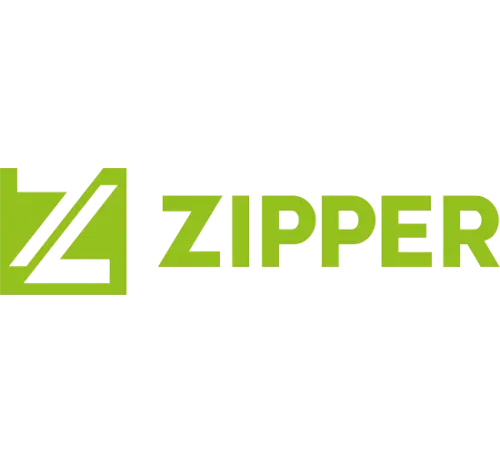 Das Zipper-Logo in Grün auf schwarzem Hintergrund. Das Logo hat einen diagonalen Schrägstrich und den Wort 'Zipper' in Weiß.