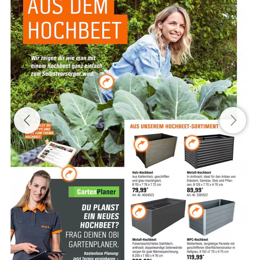Die Anzeige für Hochbeet zeigt eine Frau beim Gartenarbeiten mit verschiedenen Gartenwerkzeugen und Pflanzen im Hintergrund. Sie enthält Produktdetails, Preise und einen Aufruf, einen Gartenplaner zu fragen.
